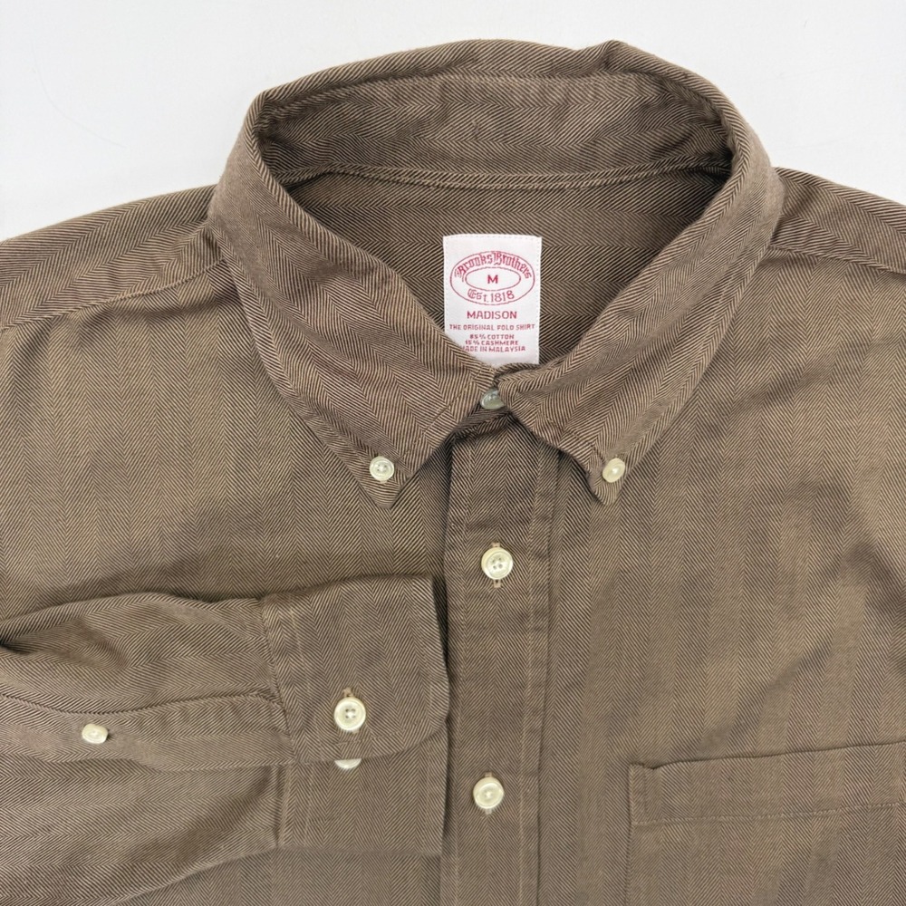 Brooks Brothers Button Down Mens M Brown Madison Herringbone Cotton Cashmere